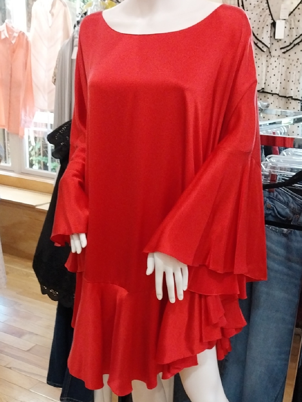 Cesar Galundo Silk Satin CDC Flowey Red Ruffled Bell-Sleeve Tunic Dress One Size
